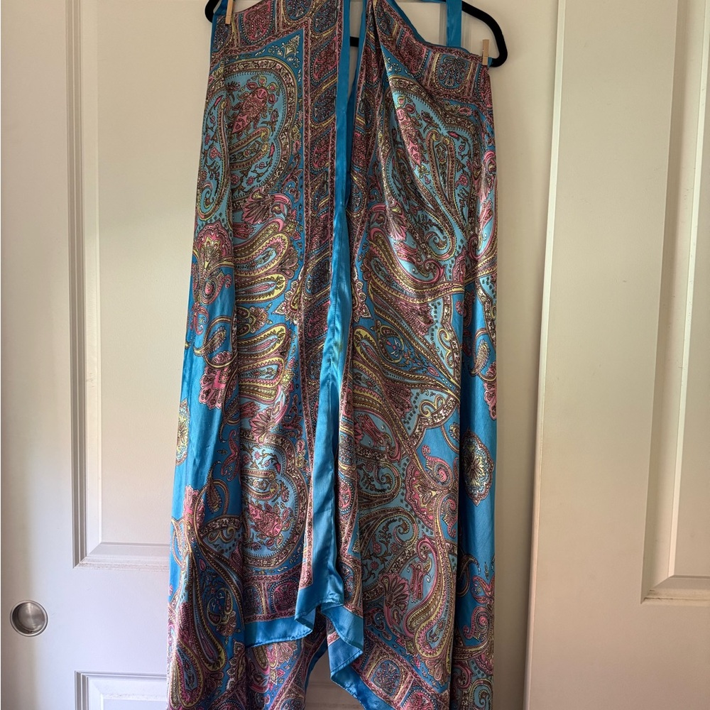 Elegant satin paisley plunge neck wrap dress
